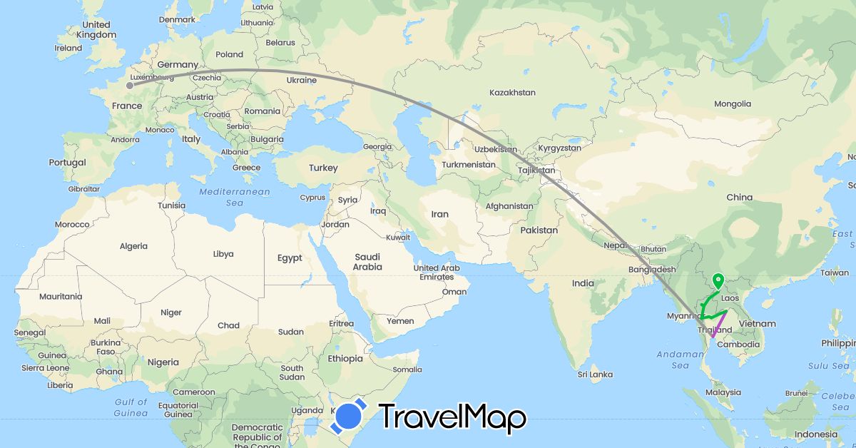 TravelMap itinerary: driving, bus, plane, train in France, Laos, Thailand (Asia, Europe)